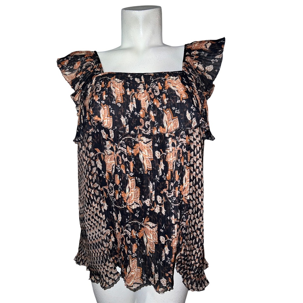 Let Me Be Anthropologie Floral Pleated Ruffle Blouse Black Tan Square Neck US 4